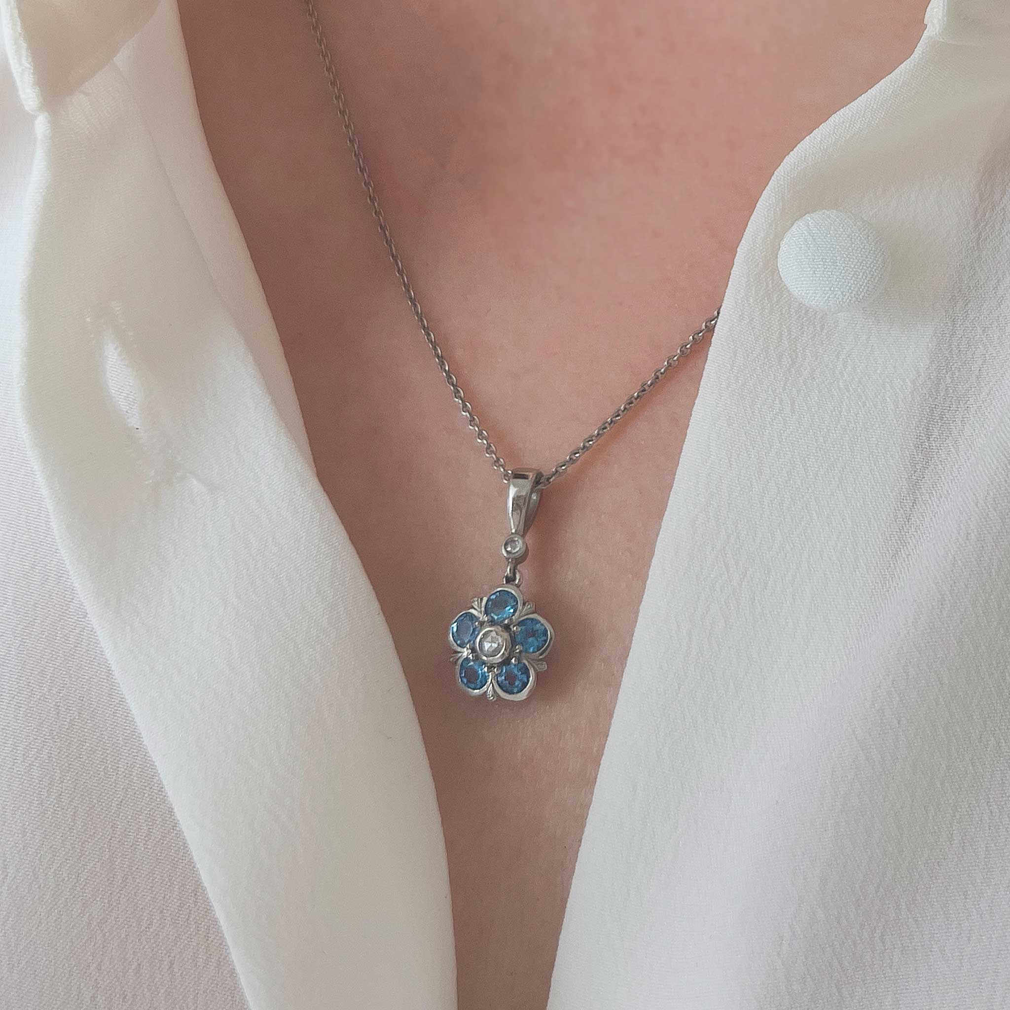 Aquamarine and Diamond Platinum Rose Pendant
